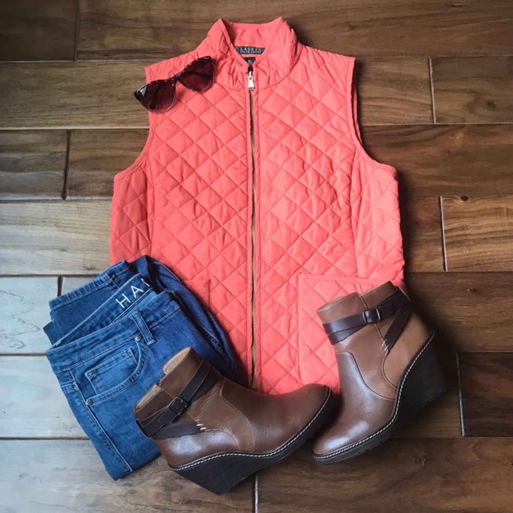 Ralph Lauren Orange Zip Down Quilted Vest Size M